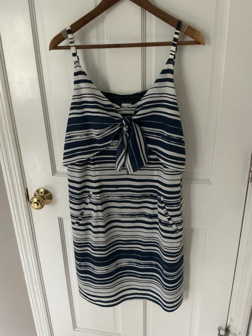 Super cute CAbi, bow tie front dress in Navy and cream striped, size L